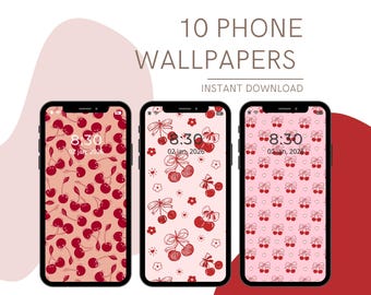 Coquette Cherry Phone Wallpapers Bundle | Pink Aesthetic Bow and Heart Backgrounds | Cute Instant Digital Download for iPhone & Android