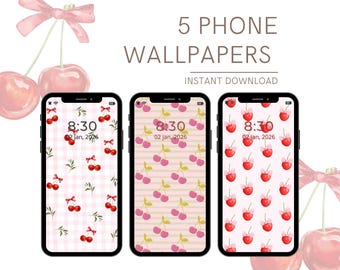 Pacchetto di sfondi per telefono Coquette Cherry, estetica acquerello kawaii a forma di cuore, schermata di blocco con fiocco rosa per iPhone e Android, download digitale di arte
