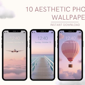 Fonds d'Écran Rose Esthétique | Paysage Pastel Coucher de Soleil & Cerisier en Fleurs | Kit Téléchargement Numérique iPhone et Android
