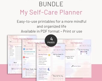 Self-Care Planner, Printable Daily Routine, Weekly Tracker, Mental Health Journal & Mind and Body Kit, Pink Aesthetic Wellness Organizer, A4