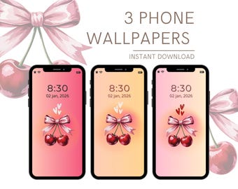 Coquette Cherry Phone Wallpaper, 3 Pink Bow Aesthetic Backgrounds for iPhone & Android, Watercolor Girly Art, Instant Digital Download