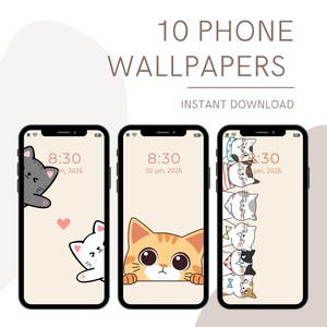 May include: Three smartphones displaying cat-themed wallpapers. The phones show different cartoon cat designs, including a gray cat, an orange cat, and a stack of cats. The text "10 PHONE WALLPAPERS" and "INSTANT DOWNLOAD" are at the top.