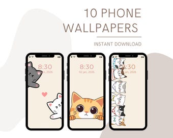 Cute Cat Phone Wallpapers Bundle | Adorable Kitten Digital Download Set for iPhone & Android | Aesthetic Cartoon Pet Art