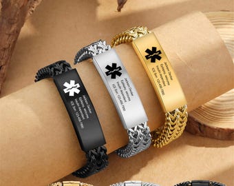 Medical ID Alert Bracelet,Personalized Stainless Steel Men Bracelet,Fathers Day Gift,Medical Allergies Diabetes Bracelet For Men Women