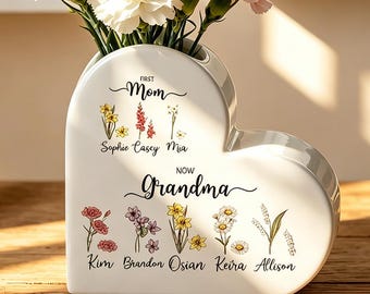 Personalized First Mom Now Grandma Ceramic Vase, Custom Grandmas Garden Birthflower Decor, Mothers Day Gift for Nana from Grandkids