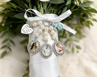 Gepersonaliseerde bruidsboeket fotospeld, aangepaste bruidegom herdenkingsbedel, bruiloft herinnering foto hanger, iets blauws cadeau bruid