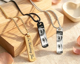 Custom Eye Photo Necklace for Him, Personalized Couple Eye Jewelry, Engraved Pendant, Anniversary Gift