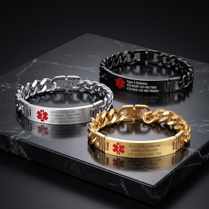 May include: Three medical alert bracelets with curb chain links in silver, black, and gold tones. Each features a central rectangular plate with a red Star of Life emblem and engraved medical information, including diabetes and allergy details.