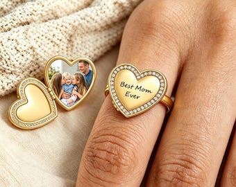 Custom Heart Photo Locket Ring, Engraved Mother's Jewelry, Hidden Picture Ring, Mothers Day Gift for Her