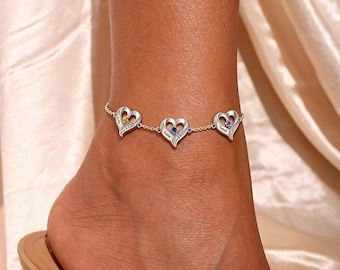 Benutzerdefinierte Name Fußkettchen, Birthstone Fußkettchen für Frauen, Gravur Multi Heart Fußkettchen, Mutter Geschenk mit Kindernamen, Sommer-Strandschmuck
