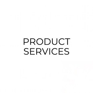 Op de afbeelding: Een wit grafisch ontwerp met de zwarte tekst PRODUCT SERVICES in het midden gecentreerd. De belettering is gepresenteerd in een strak, schreefloos lettertype, wat zorgt voor een contrastrijke visuele weergave op de effen witte achtergrond.
