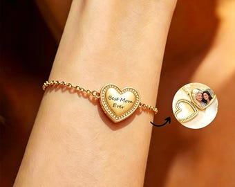 Custom Mom Bracelet, Vintage Heart Photo Locket, Personalized Engraved Memory Jewelry, Mothers Day Gift