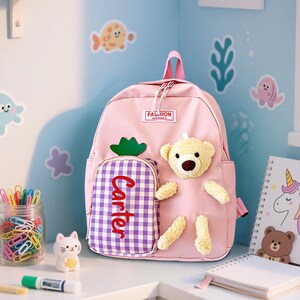 Sac à dos personnalisé avec ours et mini sac pour enfants, joli sac préféré des enfants, camp d'été/pique-nique/sac de voyage, cadeau pour enfants