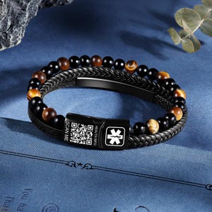 Benutzerdefinierter medizinischer Alarm QR-Code Armband, personalisiertes Leder Edelstahlperlen Herrenarmband, Notfallarmband für Papa, Vatertagsgeschenk