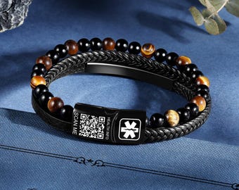 Custom Medical ID Bracelet for Men, Leather Beaded QR Code Alert, Personalized Diabetic ID, Hybrid Medical Jewelry, Gift for Him Dad