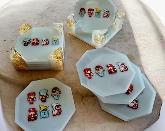 Father's Day Final Fantasy Coasters with Holder, Retro Pixel Art Resin Coasters, 8-Bit JRPG Gaming Decor, Black Mage Gift for Gamer