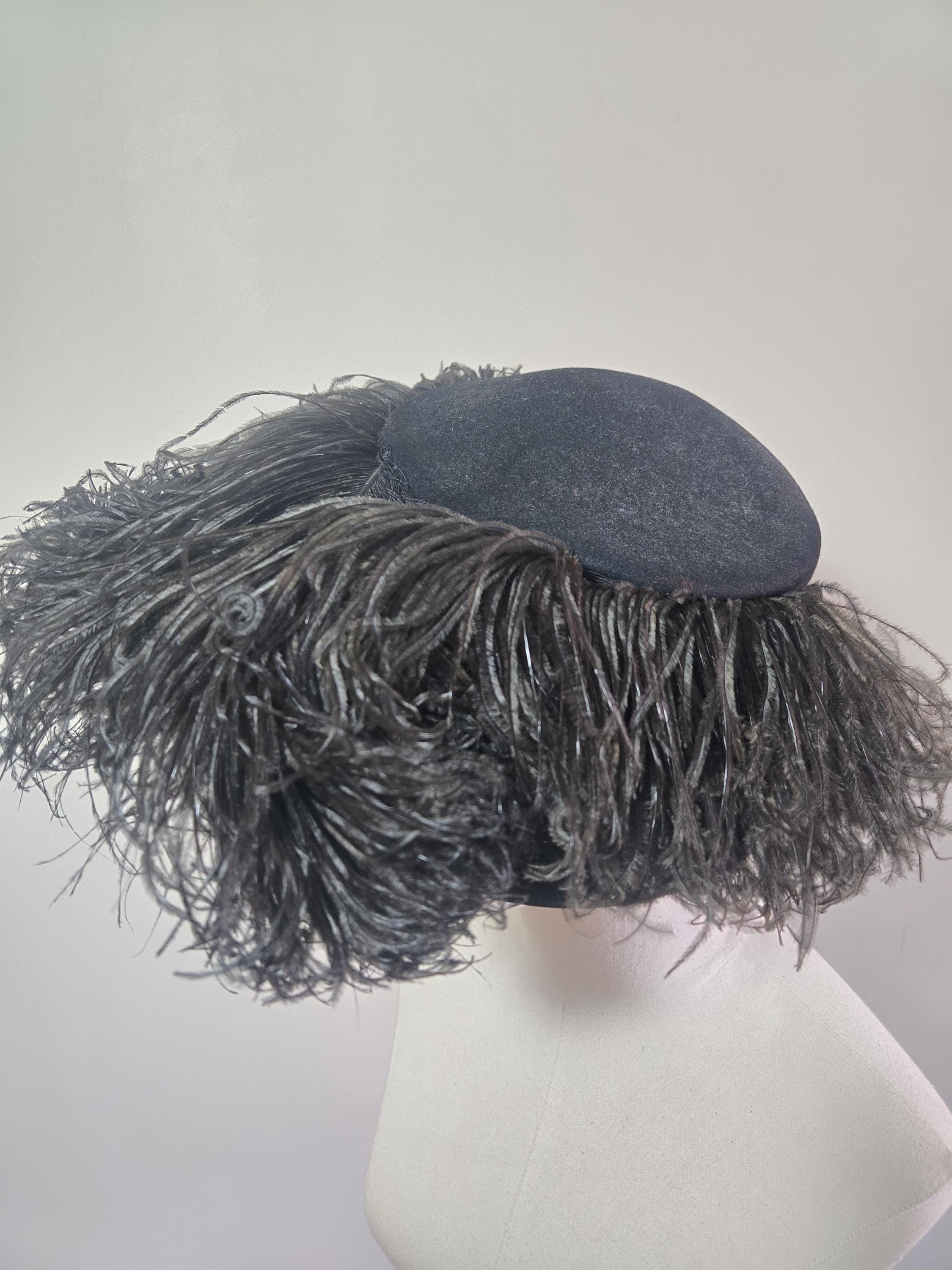 Lewis Hat Shoppe Vintage 1940s Black Velvet Tilt Cocktail Hat Ostrich Plume Tall Crown Black Velvet Bowler Style Tilt Hat w/ Feathers  main image 2