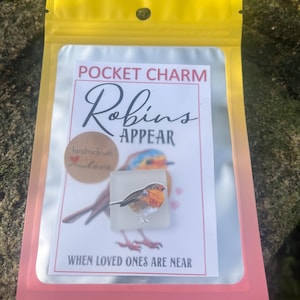 May include: A clear plastic package with a pink border containing a card and a small robin charm. The card reads "Pocket Charm Robins Appear When Loved Ones Are Near." A small, round sticker says "handmade with love."