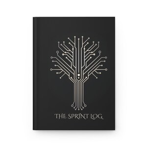 May include: A black journal with a circuit board tree design in silver. The text "THE SPRINT LOG" is printed in a serif font below the tree graphic. The journal has a matte finish.