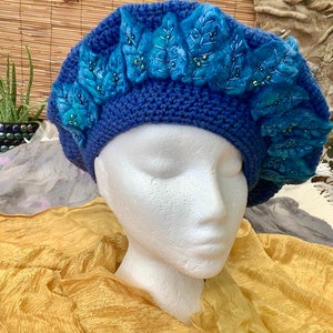 Hand crocheted and felt embellished beaded French beret, hand made Tam o' Shanter, hand felted leaves, crochet and felted hat, Ladies beret image 5