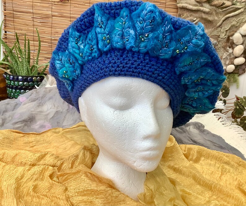 Hand crocheted and felt embellished beaded French beret, hand made Tam o' Shanter, hand felted leaves, crochet and felted hat, Ladies beret image 5