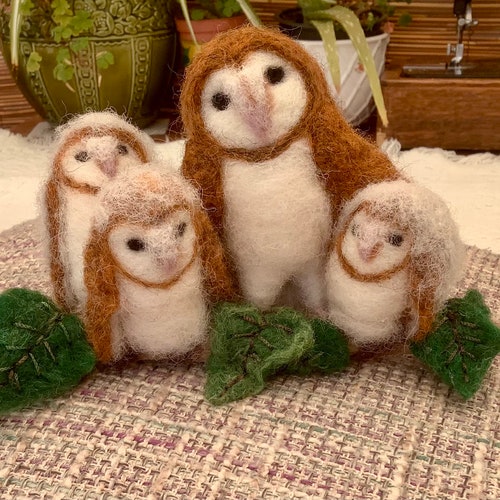 Felted barn owls, needle felted owls, owls on driftwood, barn owl sculpture, factory owls home decor, daddy and baby owls