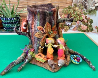 Hand felted Giant tree house with tree fairies, Autumn food foraging, Waldorf play, hollow tree house with squirrel, rabbit and hedgehog,