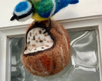 hand felted blue tit on a coconut feeder, blue tit loves his feeder, birds visit my garden, collectible hanging blue tit on a coconut