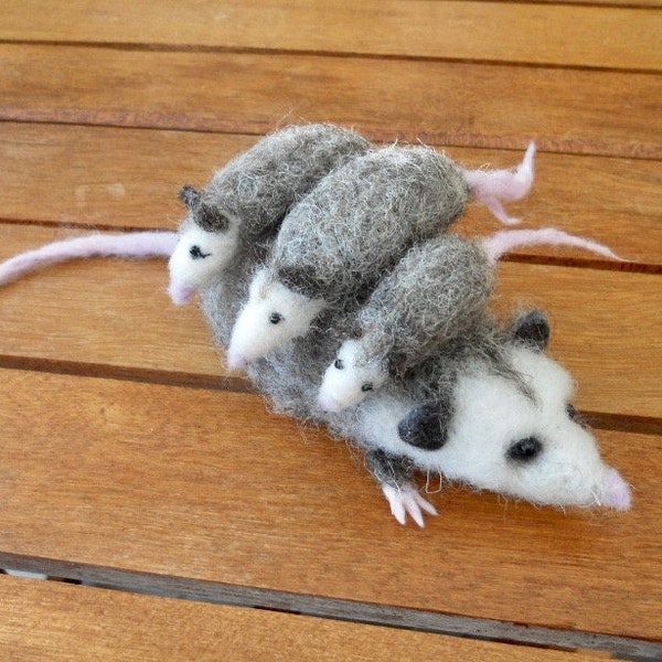 Needle felted Opossum, opossum and three babies, hand felted Mamma Opossum and wee babes, Waldorf play, nature table,