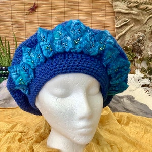 Hand crocheted and felt embellished beaded French beret, hand made Tam o' Shanter, hand felted leaves, crochet and felted hat, Ladies beret image 1
