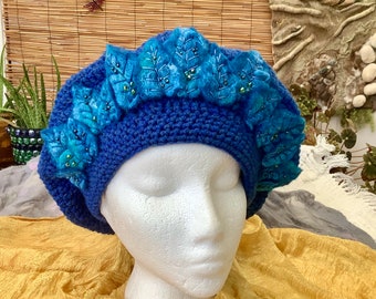 Hand crocheted and felt embellished beaded French beret, hand made Tam o' Shanter,  hand felted leaves, crochet and felted hat, Ladies beret