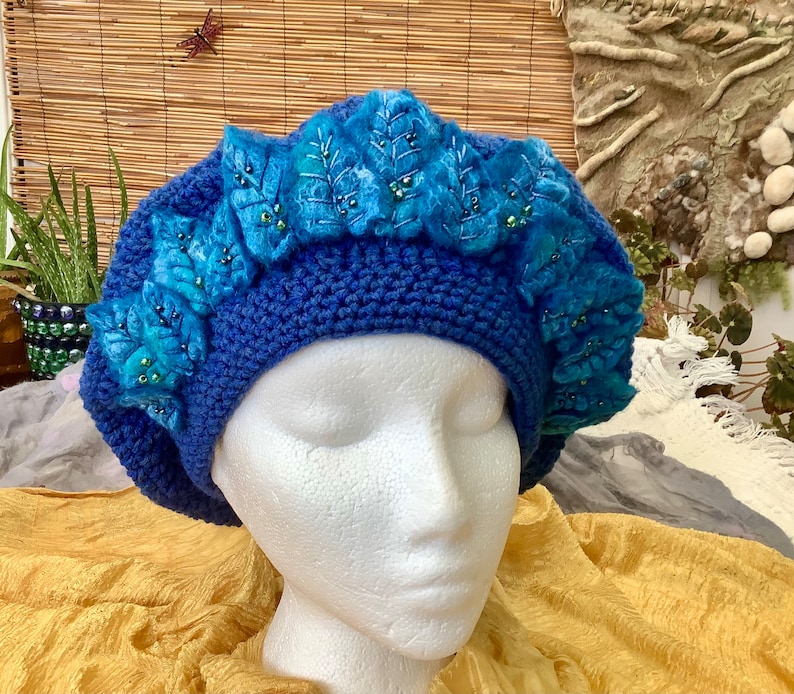 Hand crocheted and felt embellished beaded French beret, hand made Tam o' Shanter, hand felted leaves, crochet and felted hat, Ladies beret image 1