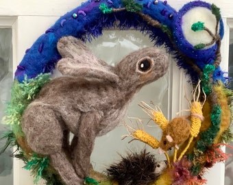 Needle felted 'Moon Gazing' hare wreath, door hanging, wall hanging, Autumn Nature wreath. hare, home decor, harvest mouse and hedgehog