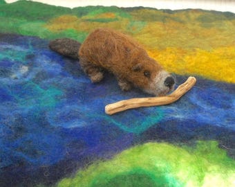 Needle felted beaver, hand felted beaver, Waldorf animal play, beaver builds a dam, play mat, nature table, nursery school