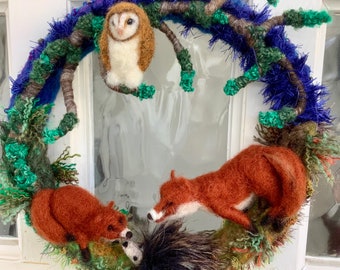 Rustic wreath, Needle felted Fox and fox cubs meet an owl and friendly hedgehog, Autumn Fall hand felted  Nature wreath, door or wall wreath