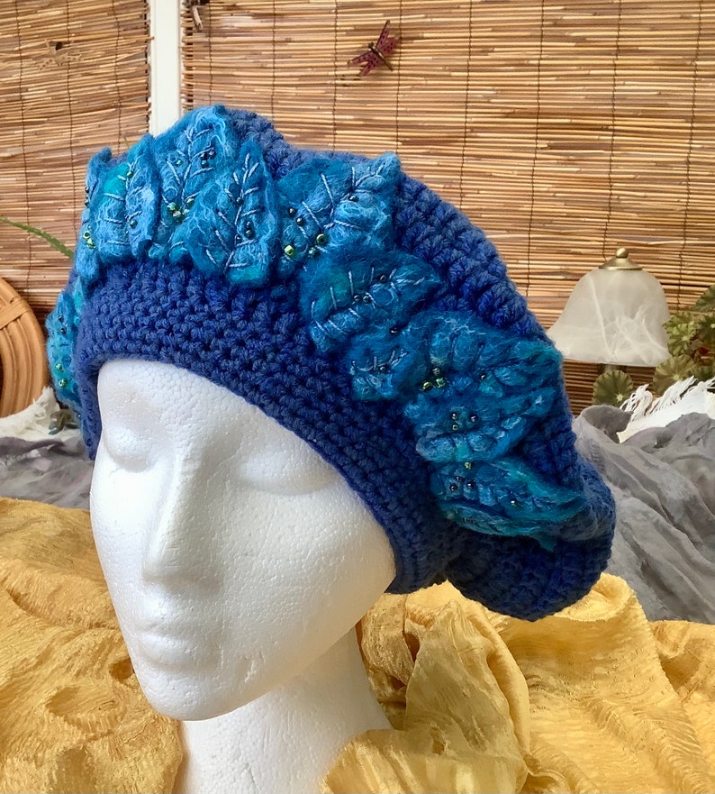 Hand crocheted and felt embellished beaded French beret, hand made Tam o' Shanter, hand felted leaves, crochet and felted hat, Ladies beret image 2