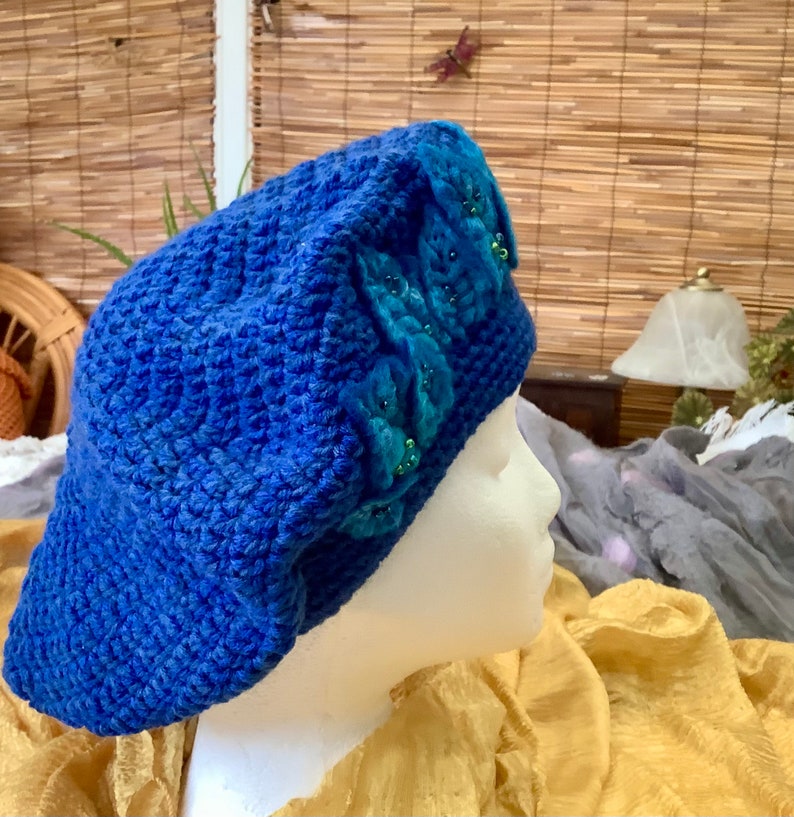 Hand crocheted and felt embellished beaded French beret, hand made Tam o' Shanter, hand felted leaves, crochet and felted hat, Ladies beret image 6