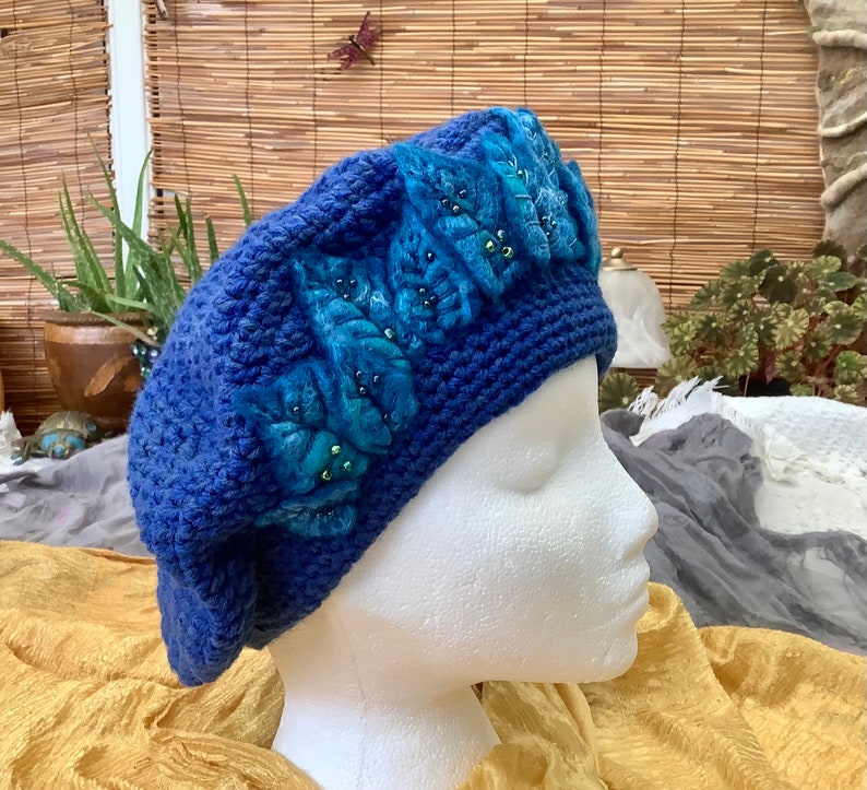 Hand crocheted and felt embellished beaded French beret, hand made Tam o' Shanter, hand felted leaves, crochet and felted hat, Ladies beret image 3