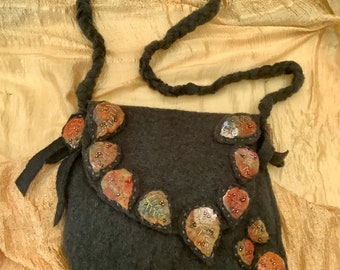 felt shoulder bag, beaded  autumn leaves , shoulder bag, up cycled boiled wool felted bag, cross body bag, autumn colours, boho hippie bag