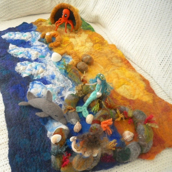 Felted Beach scene play mat, Child's play mat, hand felted play mat, Waldorf, Montessori, Seaside play scape, Nursery School, Play Group,