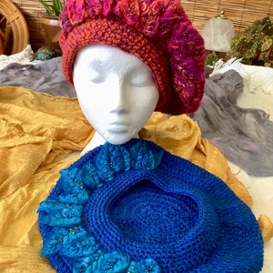 Hand crocheted and felt embellished beaded French beret, hand made Tam o' Shanter, hand felted leaves, crochet and felted hat, Ladies beret image 9