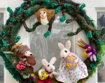 Easter Eggs Rustic wreath, Needle felted Easter bunnies meet an owl a friendly hedgehog and a ladybug, door or wall wreath