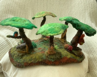 5 tree forest, hand felted play mat with trees, miniature squirrel rabbit and kingfisher, play mat addition, Waldorf pretend play,