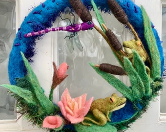 Needle felted Nature wreath, Frogs enjoying the lily pond, wreath and door hanger, water lily dragonfly and bulrushes. Hand felted wreath