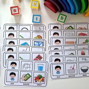 Puede incluir: Tarjetas did&aacute;cticas con ilustraciones y palabras en alem&aacute;n. Las tarjetas presentan im&aacute;genes de un ni&ntilde;o, comida y objetos. Tambi&eacute;n se ven bloques de letras de madera y un arco&iacute;ris de madera.