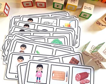 Könnte beinhalten: Lernspielzeug mit Holz-Zahlblöcken und illustrierten Karten. Die Karten zeigen Bilder von Personen, Objekten und Lebensmitteln. Die Wörter "LISA", "SCHNEIDET" und "SALAMI" sind auf den Karten abgedruckt.