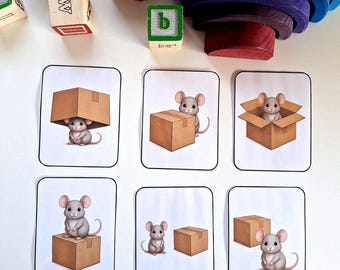 Könnte beinhalten: Sechs rechteckige Lernkarten mit Illustrationen einer grauen Maus und eines braunen Pappkartons in verschiedenen Positionen, darunter darin, darauf, daneben und darunter, angeordnet auf einer weißen Fläche mit Holzklötzen.