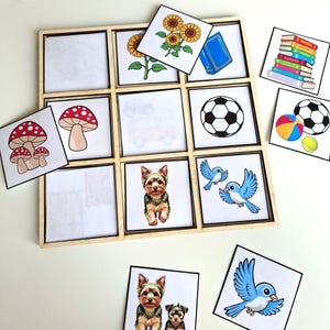 Puede incluir: Un tablero de tic-tac-toe de madera con tarjetas ilustradas con un balón de fútbol, girasoles, una seta, un pájaro azul, un libro y un Yorkshire Terrier. Tarjetas adicionales muestran un coche, una pelota de tenis y una pila de libros.