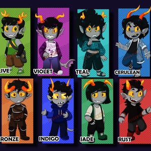 May include: A digital illustration featuring eight cartoon characters with gray skin and orange horns, each labeled with their color name: Olive, Violet, Teal, Cerulean, Bronze, Indigo, Jade, and Rust. Each character is set against a unique colored background.