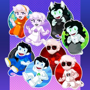 May include: A collection of cartoon character stickers. Each sticker features a different character with unique outfits and expressions. The characters are set against colorful circular backgrounds, with a purple polka dot background.